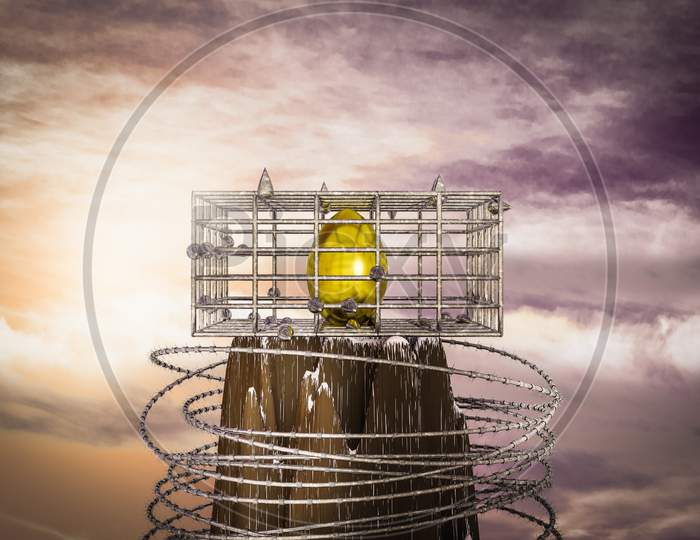 A Golden Egg In A Cage On The Top Of A Mountain At Sunset Magenta Day. A Golden Egg Is Prisoner In Metal Cage Or No Freedom For Retirement Or Retirement Decisions Concept. 3D Illustration