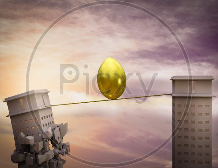 Golden Egg On A Rope With One Skyscraper Ready To Collapse. Retirement Crash Concept. 3D Illustration