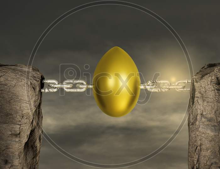 Two Mountains Connected With A Chain By Golden Egg In Sunset Day. Biggest Retirement Decisions Or Find A Retirement Planner Or Planning For Your Income Concept. 3D Illustration