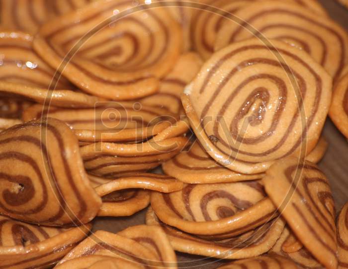 Closeup View With Selective Focus Of A Large Number Of Round Cookies