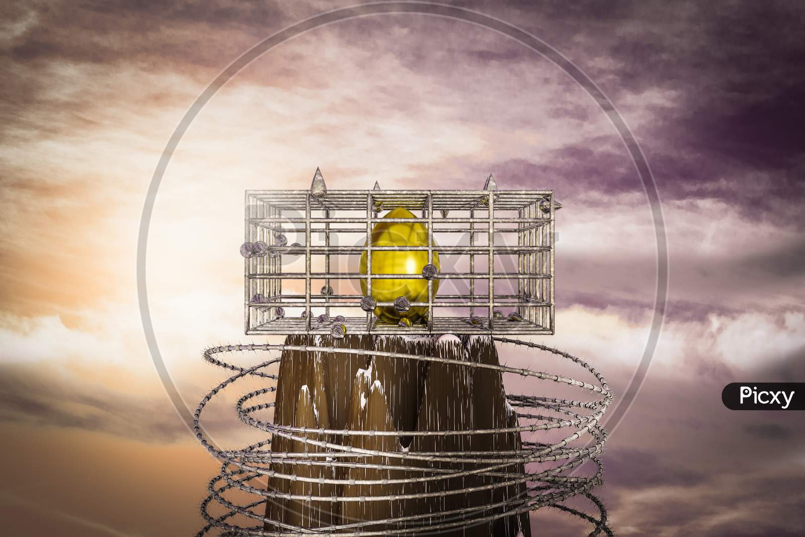 A Golden Egg In A Cage On The Top Of A Mountain At Sunset Magenta Day. A Golden Egg Is Prisoner In Metal Cage Or No Freedom For Retirement Or Retirement Decisions Concept. 3D Illustration
