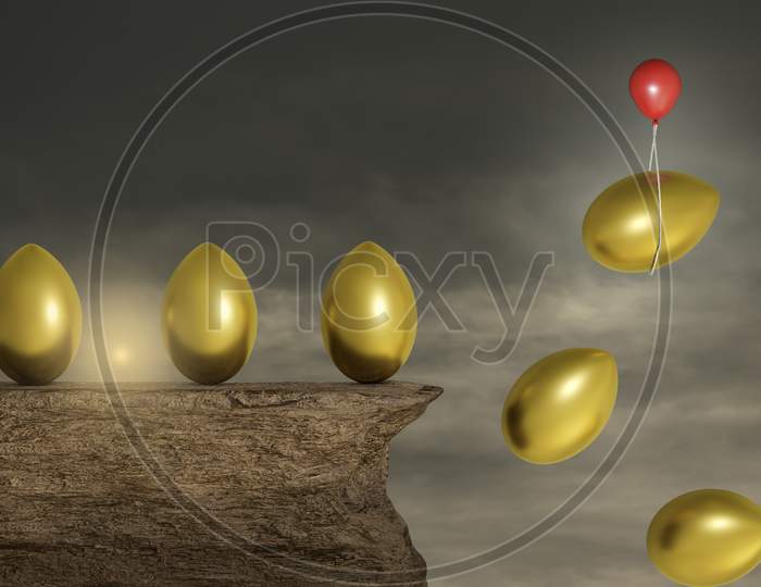 Golden Eggs On Cliff With A Red Balloon Help To Escape One Golden Egg From Falling In A Sunset Day. Biggest Retirement Decisions Or Find A Retirement Planner Or Planning Your Income Concept. 3D Render