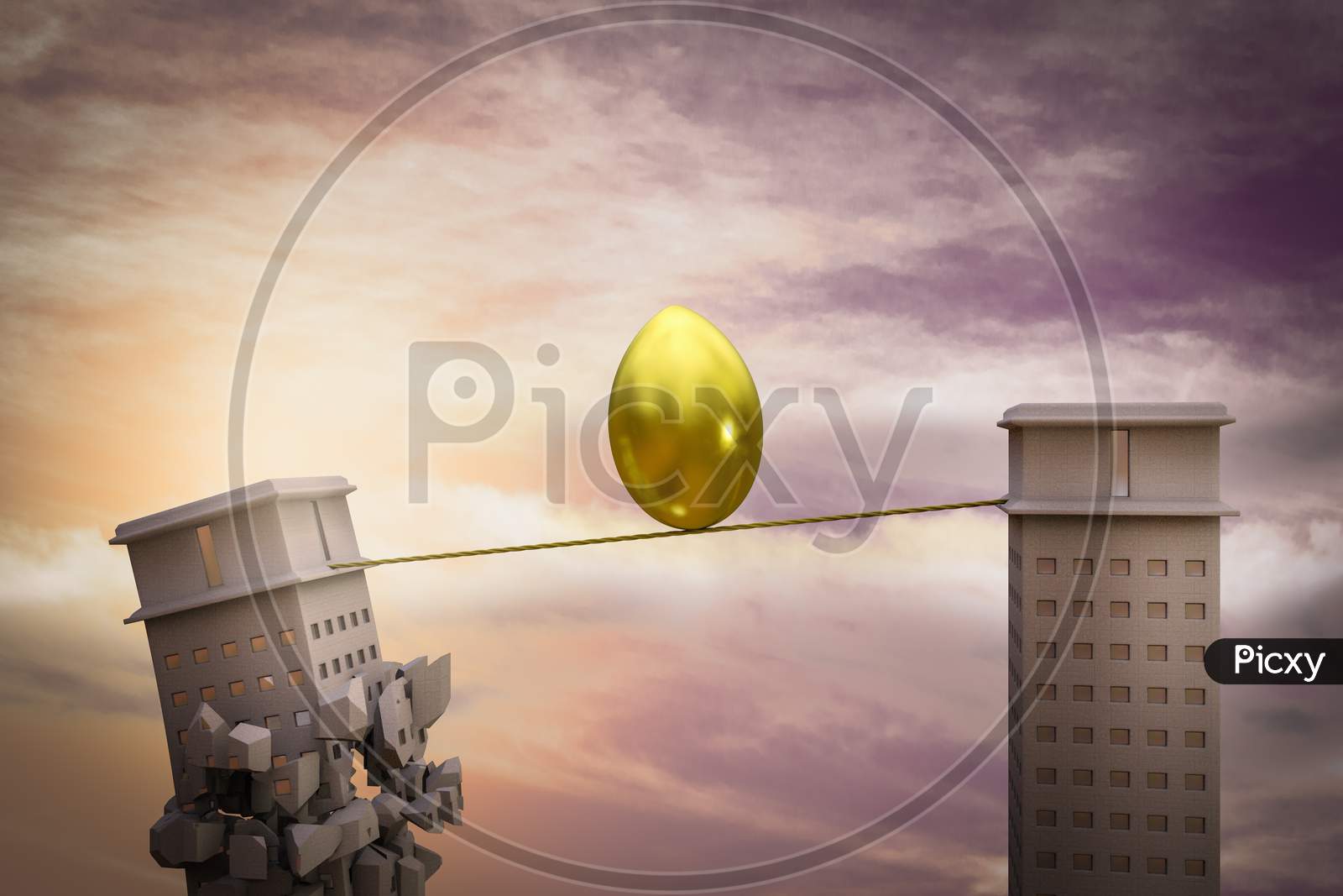 Golden Egg On A Rope With One Skyscraper Ready To Collapse. Retirement Crash Concept. 3D Illustration