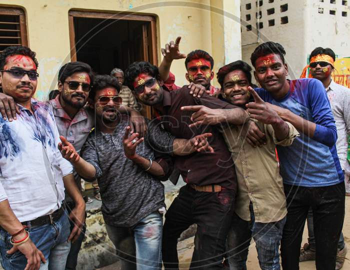 Mathura, Uttar Pradesh/ India- January 6 2020: Young People Playing With Colors And Celebrating Holi In The State Of Uttar Pradesh.