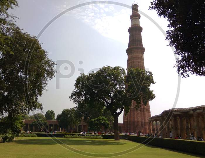 Green grass Trees and Qutub Minar, Mehrauli, Delhi