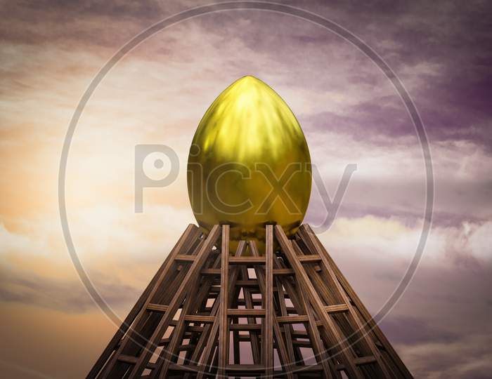 Golden Egg On Top Of Many Ladders Together As Pyramid. Retirement On Top Concept. 3D Illustration