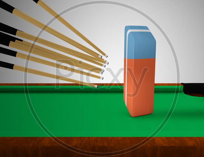 Many Cue Sticks Aiming To Hitting A Eraser On A Pool Table. Back To School Or Ready For School Or Education And Reading Or Trust Or Together Or Team Or Cooperation Concept. 3D Illustration