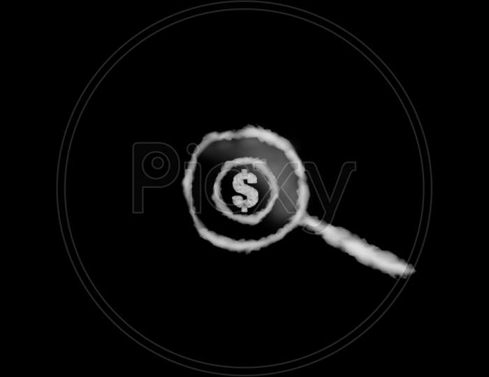 Cloud Shape Of Magnifying Glass Point To The Dollar Coin On Black Background. Perfect For Composition.