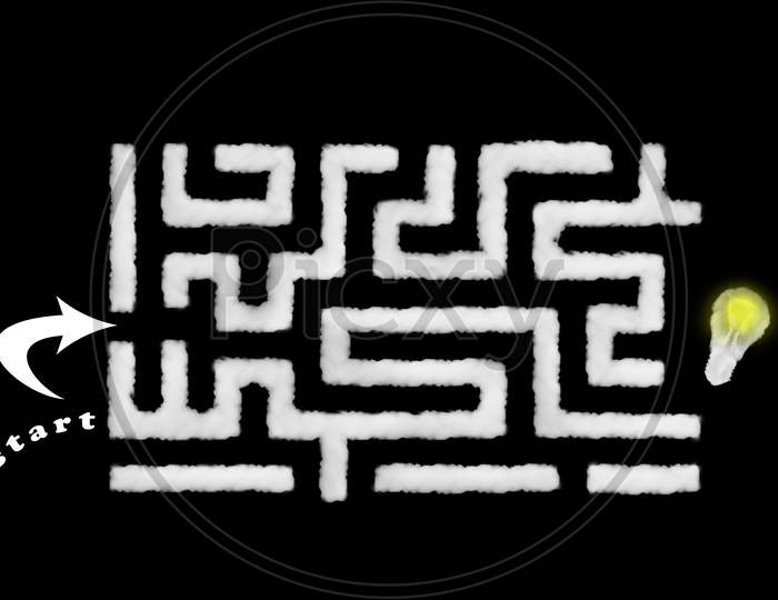 Cloud Shape Of Labyrinth Or Maze Start And Finish With A Light Bulb On Black Background. Perfect For Composition. Idea Or Success, Creative And Innovation Business Concept.