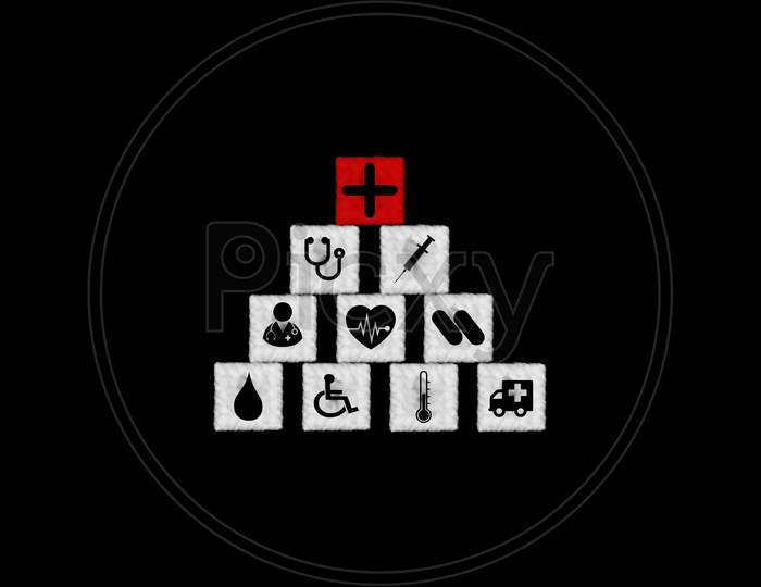 Cloud Shape Of Square Block Stacking With Icon Healthcare Medical On Black Background. Perfect For Composition.