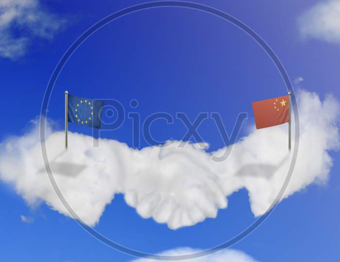 Cloud Shape Of The Eu And China Shake Hands On Blue Sky.