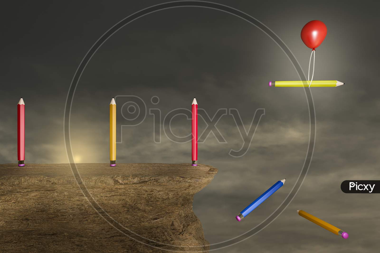 Colourful Pencils On A Stone Cliff With A Red Balloon Help To Escape One Yellow Pencil From Falling In A Sunset Day. Back To School Or Ready For School Or Education And Reading Concept. 3D Render