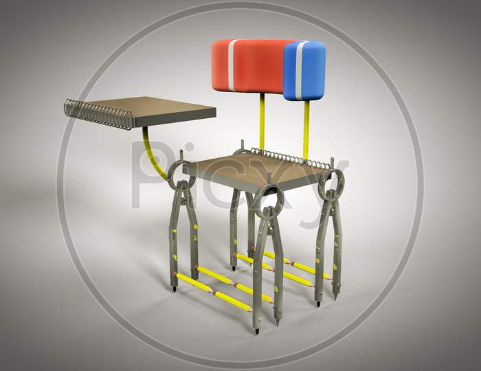 School Supplies In A Shape Of College Desk Table In White-Grey Background. Back To School Or Ready For School Or Education And Reading Concept. 3D Illustration