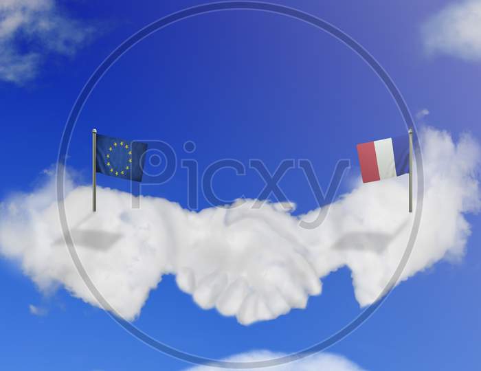 Cloud Shape Of France And The Eu Shake Hands On Blue Sky.