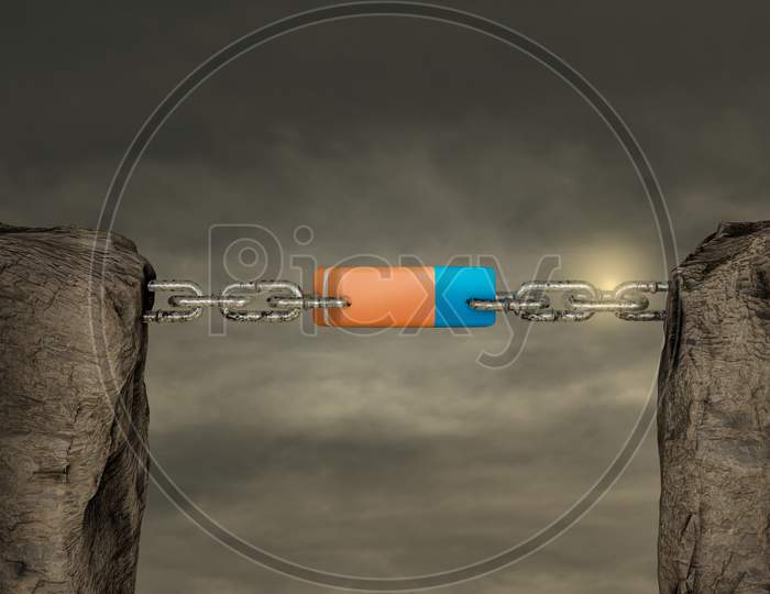 Two Mountains Connected With A Chain By Eraser In Sunset Day. Back To School Or Ready For School Or Education And Reading Or Trust Or Together Or Team Or Cooperation Concept. 3D Illustration