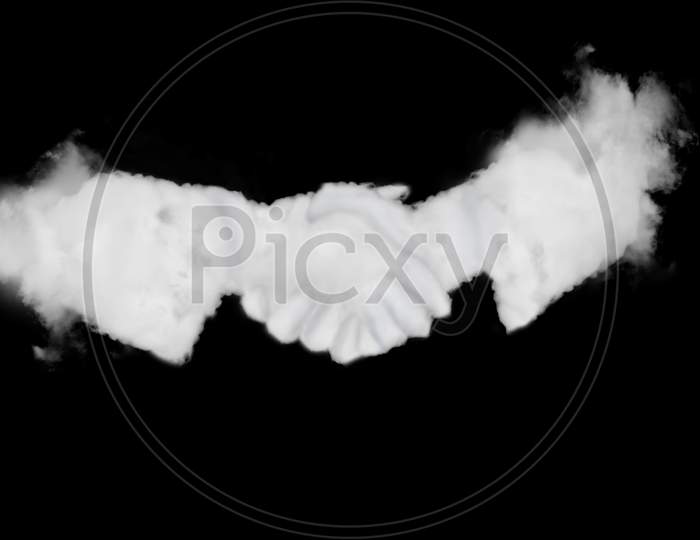 Cloud Shape Of Contract Agreement Vision By Business People Shaking Hands On Black Background. Perfect For Composition.