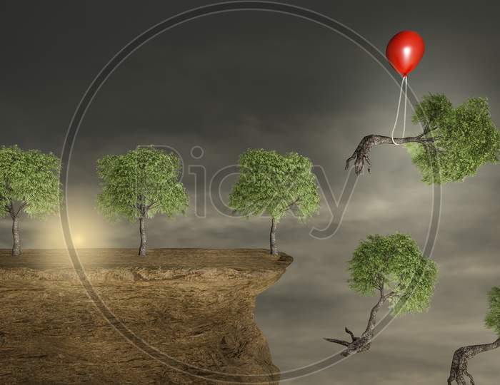 Trees On A Stone Cliff With A Red Balloon Help To Escape One Tree From Falling In A Sunset Day. Growth Or Sustainable Development Or Environmental Protection And Ecology Concept. 3D Render