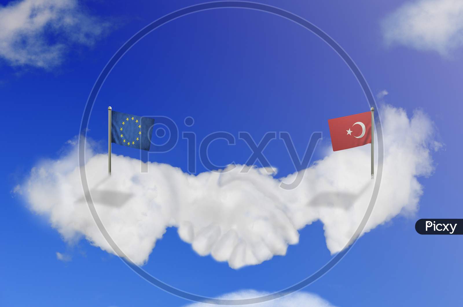 Cloud Shape Of The Eu And Turkey Shake Hands On Blue Sky.