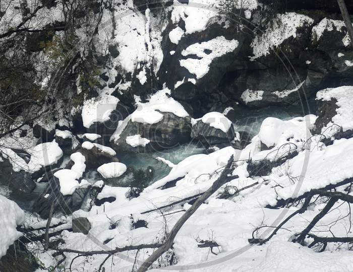 Khir Ganga prvati River Winter View with Snow in Himachal