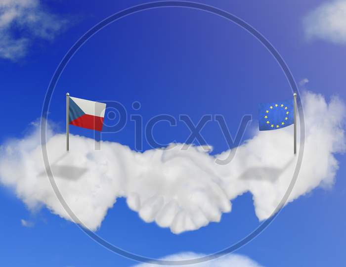 Cloud Shape Of The Eu And The Czech Shake Hands On Blue Sky.