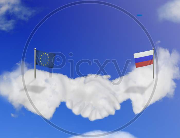 Cloud Shape Of The Eu And Russia Shake Hands On Blue Sky.