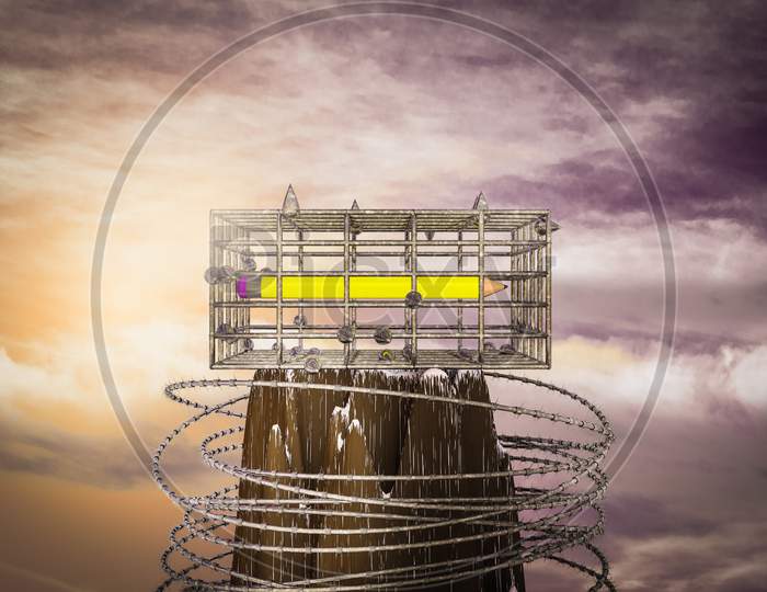 Eraser In A Cage On The Top Of A Mountain At Sunset Magenta Day. School Education Is Prisoner In Metal Cage Or No Freedom For School Or Back To School Concept. 3D Illustration