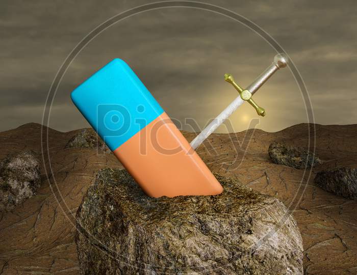 Excalibur In A Eraser On Stone At Sunset Day. Back To School Or Ready For School Or Education And Reading Or Trust Or Together Or Team Or Cooperation Concept. 3D Illustration