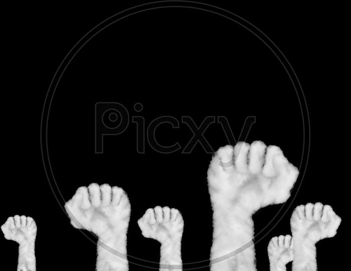 Cloud Shape Of Hands Raised Fist Air On Black Background. Perfect For Composition. Concept Labor Movement Or Corporate Celebration.