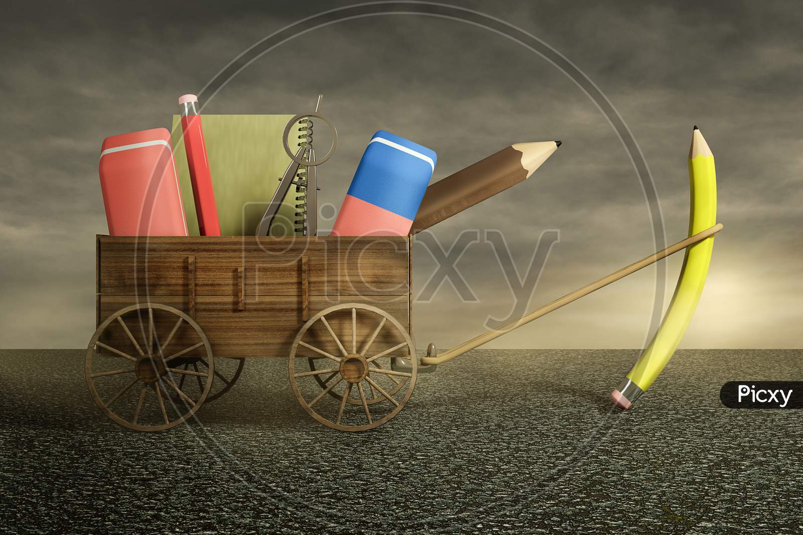 One Pencil Pulling A Farm Cart Of School Supplies With Rope On Asphalt In A Sunset Day. Back To School Or Ready For School Or Education And Reading Concept. 3D Illustration