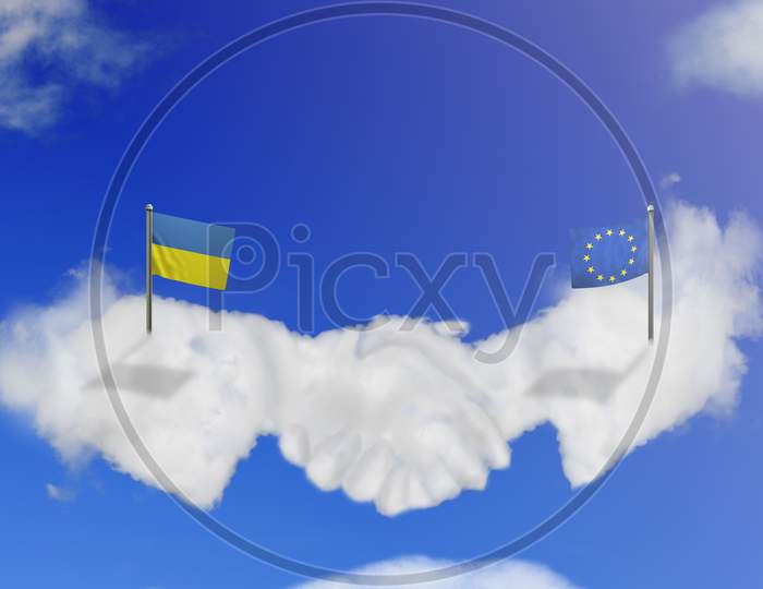 Cloud Shape Of The Eu And Ukraine Shake Hands On Blue Sky.