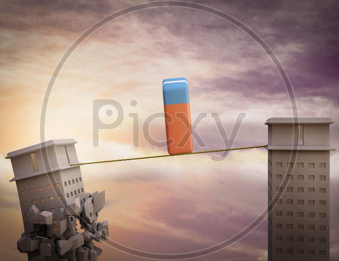 Eraser On A Rope With One Skyscraper Ready To Collapse. Back To School Crash Concept. 3D Illustration