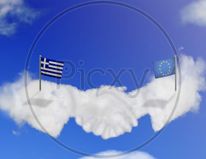 Cloud Shape Of The Eu And Greece Shake Hands On Blue Sky.