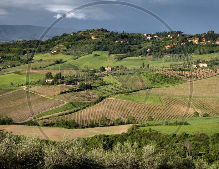 View Of The Countryside Near Montepulciano Under Stormy Conditions