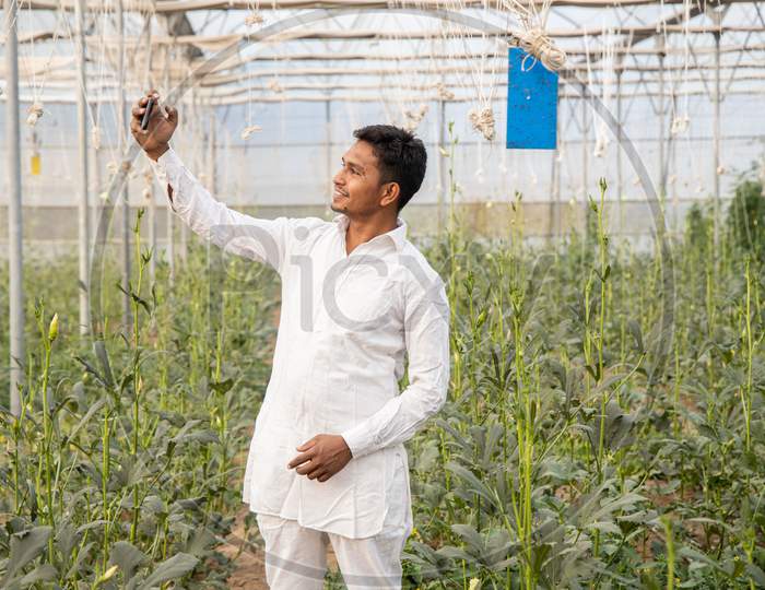 Happy Young Indian Farmer Taking Selfie Using Smart Phone At Poly House Or Greenhouse Field, Agriculture And Technology Concept Copy Space