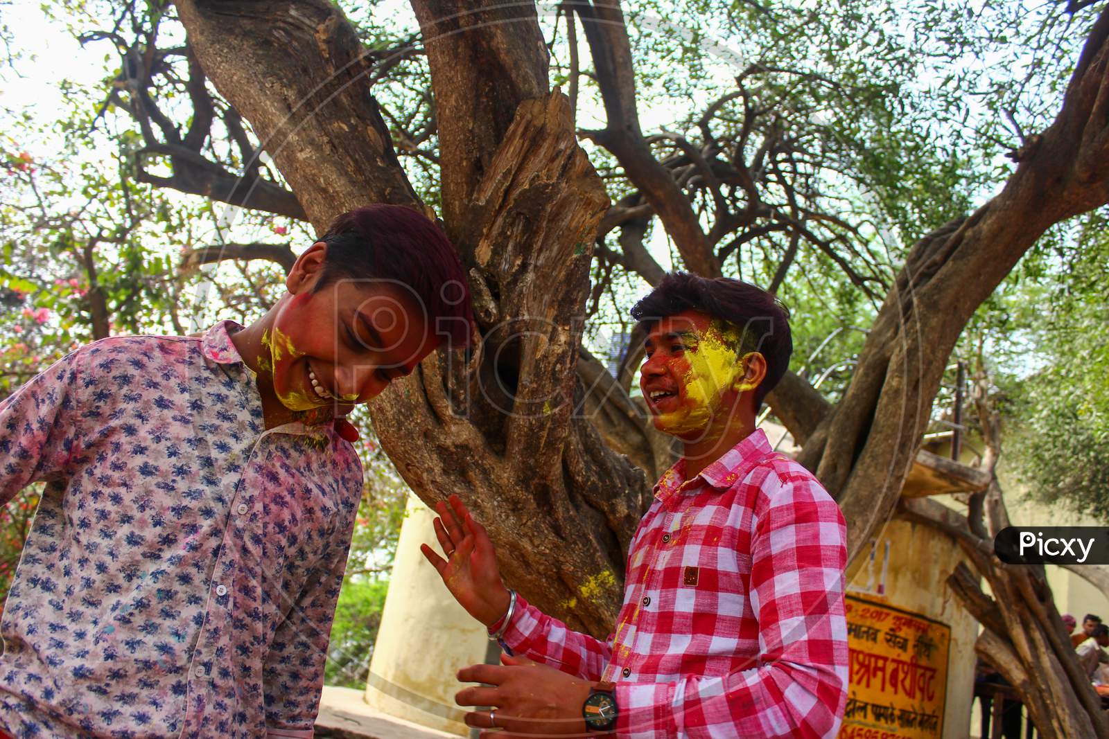 Mathura, Uttar Pradesh/ India- January 6 2020: Two Cute Boys With Their Face Smeared With Colors Celebrating Holi.