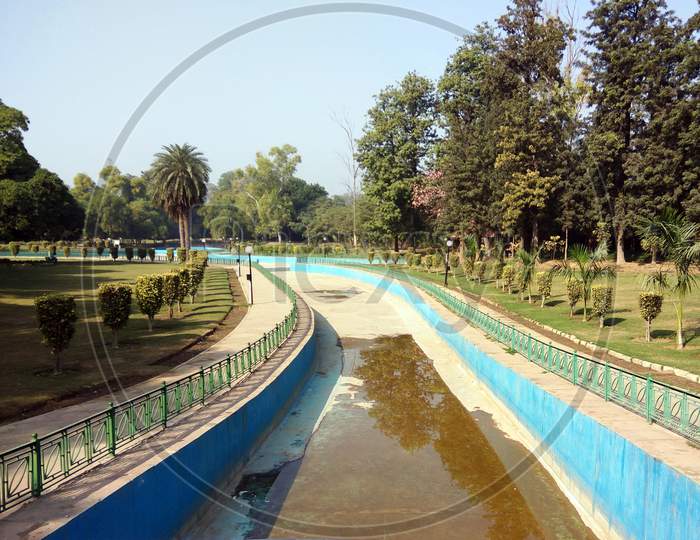 View of canal at Sanjay Lake and Park in Laxmibai Nagar, Delhi