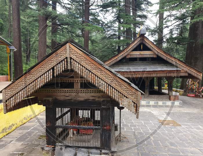 Mandi, Himachal Pradesh, India - July 15 2020: Baglamukhi bharadi temple, Beautiful old wooden temple