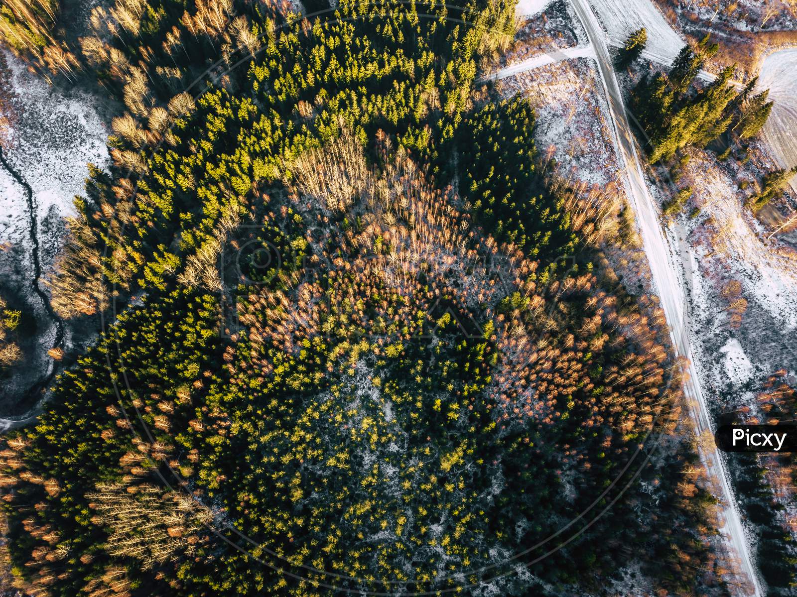 Drone Photography Of A Sunny Winter Day Of Partly Snowy Forest