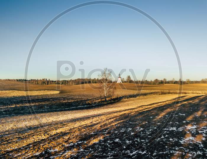 Drone Photography Of A Sunny Winter Day Of Partly Snowy Fields