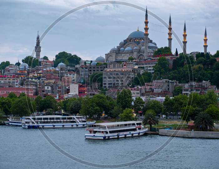 Istanbul, Turkey - May 29 : View Of Buildings And Boats Along The Bosphorus In Istanbul Turkey On May 29, 2018