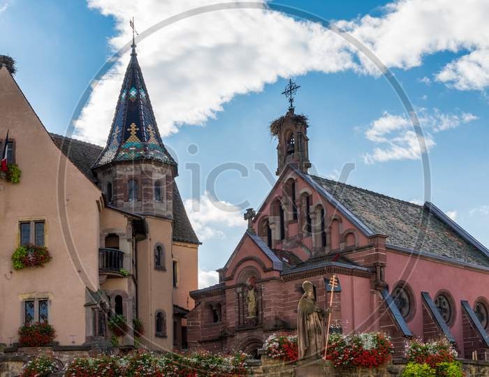 Chateau And St Leon Church In Eguisheim In Haut-Rhin Alsace