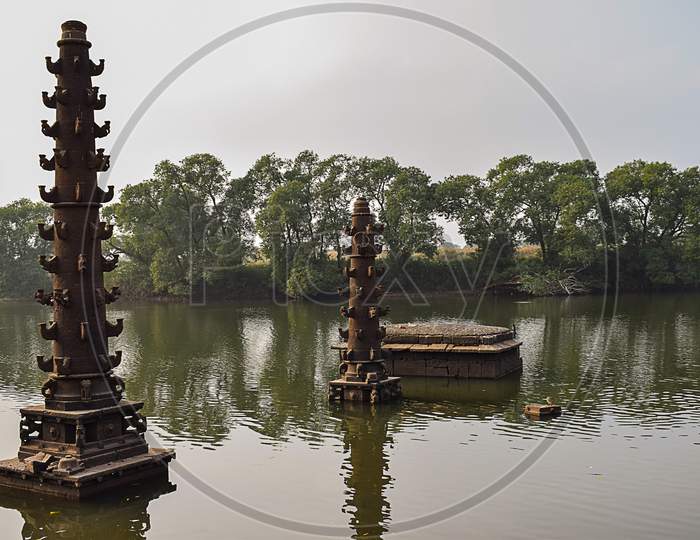Submerged Ancient Ruined Temple In River Kolhapur. Constructed During Mid Of 17Th Century .