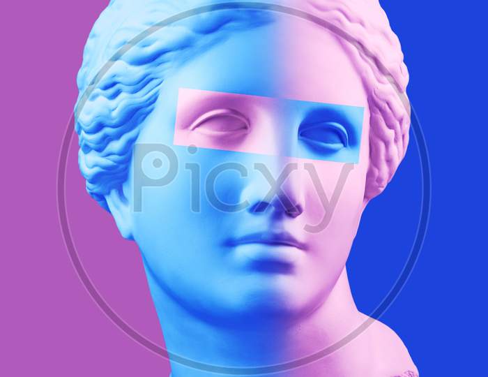 Modern Conceptual Art Poster With Blue Purple Colorful Antique Venus Bust. Contemporary Art Collage.
