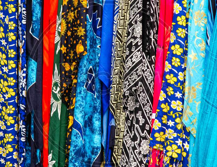 Multicoloured Silk Scarves On A Market Stall In Madeira