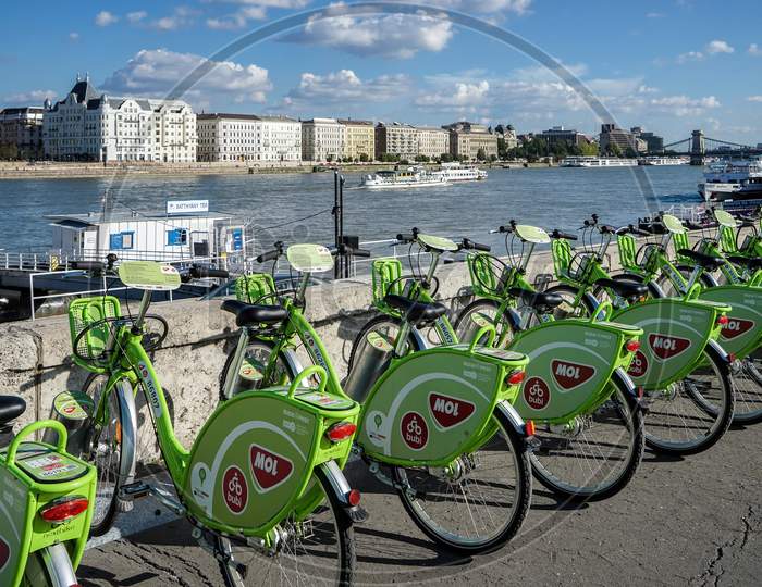 Green Bicycles Available For Hire In Budapest