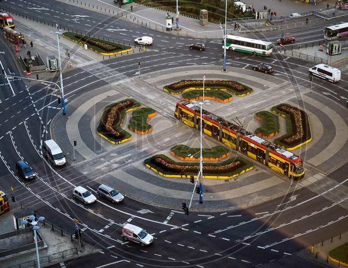 Large Roundabout On Marszalkowska Street Near Centrum Tram Station In Warsaw