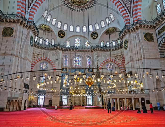Istanbul, Turkey - May 28 : Interior View Of The Suleymaniye Mosque In Istanbul Turkey On May 28, 2018