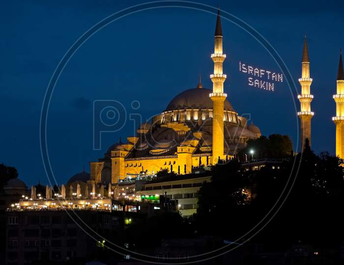 Istanbul, Turkey - May 29 : Night-Time View Of The Suleymaniye Mosque In Istanbul Turkey On May 98, 2018