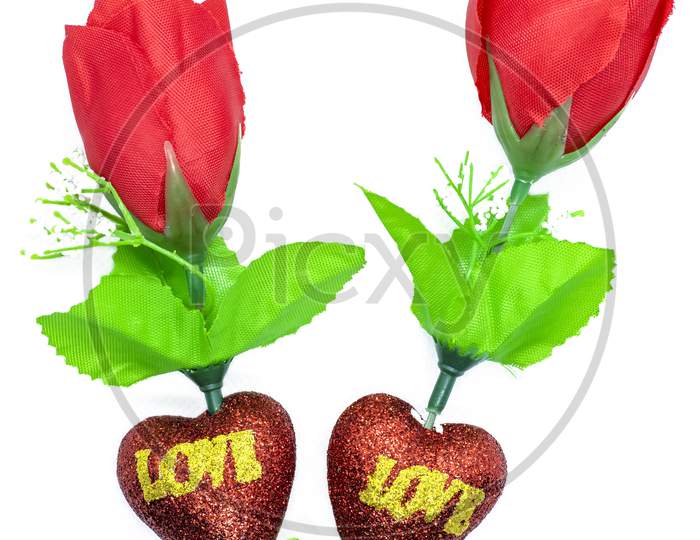 Valentine'S Day Background. Two Red Rose On White Background, Top View, Space For Text. For Card Design And Wedding.