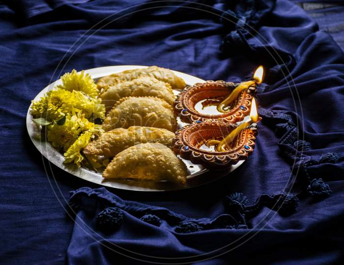 Picture Of Delicious Traditional Indian Sweet Dish Karnaji Or Ghujia Or Ghughara.